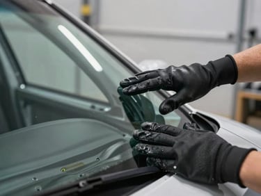 Close-up of gloved hands pressing a freshly cut windshield into a vehicle frame, side-raking workshop light catching the glass edge, clean metal bodywork in background, no people visible beyond the hands, sharp technical framing
