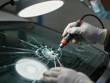 Close-up of a technician's gloved hands pressing a repair resin tool into a windshield crack under bright side-raking overhead light, glass surface sharp and clear