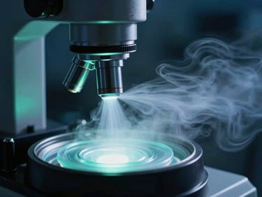 Close-up of cryo-preservation equipment emitting cold nitrogen vapor, dramatic laboratory backlighting, high contrast, 35mm