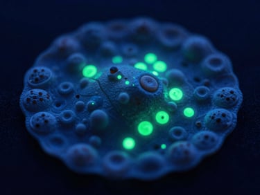 Microscopic view of cellular reprogramming, fluorescent green highlights tracking active gene expression, dark background, 35mm