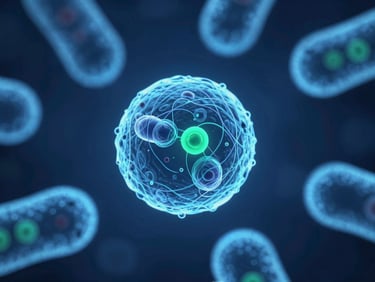 Macro photography of microscopic lipid nanoparticles carrying genetic material, cool blue bioluminescent lighting, high contrast, 35mm