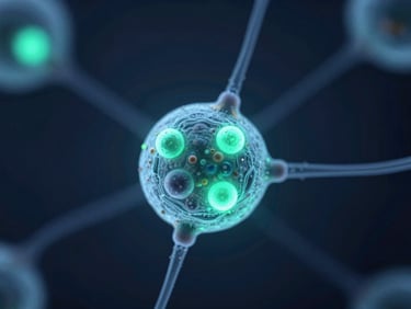 Extreme close-up microscopic capture of induced pluripotent stem cells, bioluminescent teal markers glowing under laser excitation, dark scientific photography, 35mm
