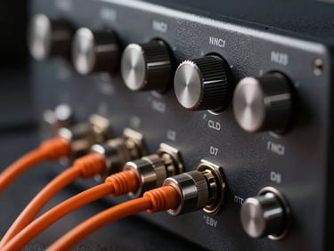 Close-up macro shot of professional analog audio gear, tactile metal dials, patch bays with orange cables, sharp technical photography, dramatic studio lighting