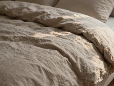 Tactile close-up of soft wrinkled linen bedding, warm morning sun, neutral taupe tones, shallow depth of field, 35mm