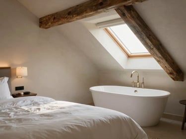 Charming hotel room under attic beams, white linen, freestanding bathtub, soft morning light