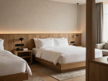 Elegant spacious hotel suite, oak wood furniture, warm minimalist design, soft natural lighting