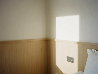 Quiet sunlit corner of a minimalist hotel room, elegant oak paneling, soft diffused daylight, warm cream tones, 35mm