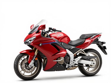 Three-quarter studio shot of a red commuter motorcycle, high-key lighting, clean white background, metallic details