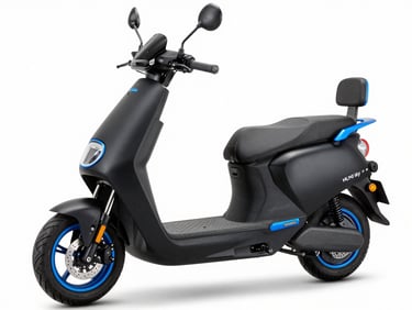 Three-quarter studio shot of a matte black urban scooter, bright showroom lighting, electric blue accents, sharp focus