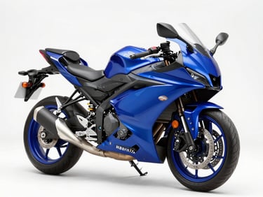 Three-quarter studio shot of a sleek blue sport motorcycle, metallic highlights, clean studio lighting, high detail