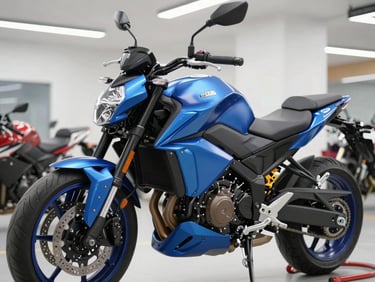 Eye-level medium shot of a clean electric blue urban motorcycle in a bright modern showroom, sharp focus, high-key lighting, metallic highlights