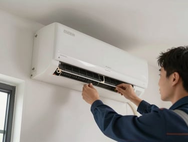 Detail shot of an indoor AC unit mounted on a living room wall, technician's hands removing the front panel to access the evaporator coil, natural daylight from a window to the side, real apartment interior