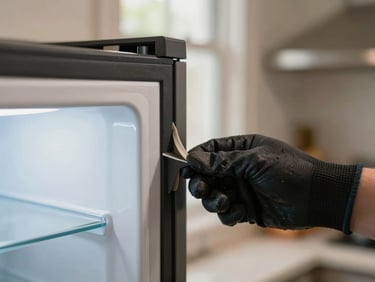 Close-up of a refrigerator door seal being inspected inside a home kitchen, natural window light, technician's gloved hand pulling back the rubber gasket to show wear, matter-of-fact documentary framing