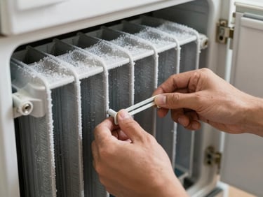 Close-up of technician hands pulling out a refrigerator evaporator coil inside a domestic kitchen, natural daylight, frost and condensation visible on the coil surface