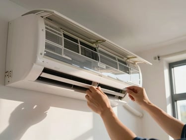Close-up of a technician's hands reattaching the cover panel of a wall-mounted split air conditioner unit inside a living room, afternoon daylight through the window