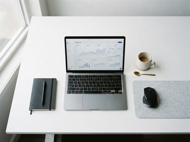 Overhead minimalist workspace, clean white desk, modern laptop showing analytics dashboard with subtle cobalt blue lines, soft natural daylight, 35mm