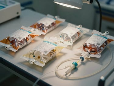 Close-up of peritoneal dialysis supplies laid out neatly on a clinical surface under controlled overhead lighting, bags and tubing precisely arranged