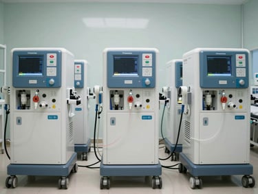 Wide straight-on view of a row of modern Fresenius hemodialysis generators in a clean, daylit treatment room, machines ready and tubing visible