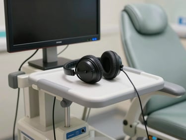 Close-up of a dialysis chair armrest with a mounted flat-screen television and headphone set resting on the tray, clean upholstery, clinical lighting, prepared and ready — no patient present