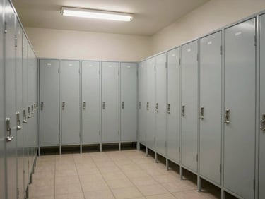 Interior of a clean, well-lit patient changing room with lockers, coat hooks, and tiled floor, overhead fluorescent lighting, no personal items — showing the secured and private nature of the space