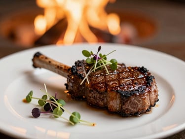 Close-up of elegantly plated roasted ribeye with microgreens, warm natural firelight, shallow depth of field, 35mm