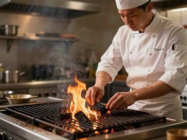 Professional chef in a modern kitchen adjusting charcoal grill grates, focused technical lighting, warm atmosphere, 35mm