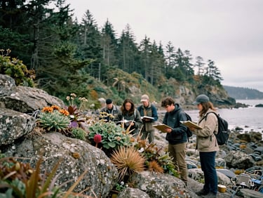 A team member with a clipboard and field guide examining native plants on a rocky Pacific Northwest coastline under soft overcast light.