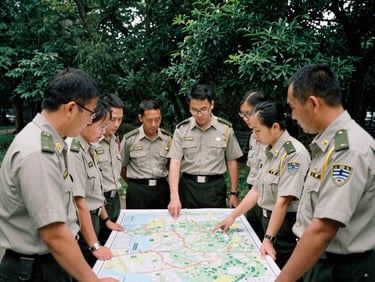 A group of park rangers in uniform participating in an outdoor training session, gathered around a large map on a table, with a trainer pointing to a feature, under soft daylight.