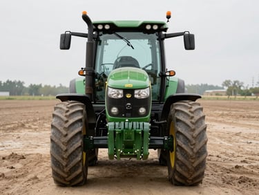 Front view of a 2020 John Deere 8245R tractor on a clean dry lot, natural overcast light, focus on the heavy front axle and tires