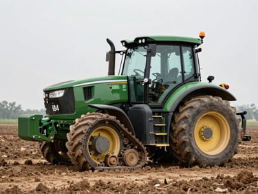 Side profile of a massive 2018 John Deere 9470RT tracked tractor on heavy clay soil, natural daylight, focus on the rubber track system