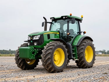 Low-angle wide shot of a 2024 John Deere 8R 280 tractor parked on a gravel lot under overcast daylight, sharp focus on front weights and tread