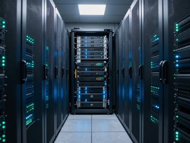 Symmetrical architectural perspective of a modern server room, cool blue and cyber-jade indicator lights, clean metallic lines, low-key technical atmosphere.