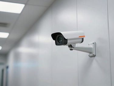Security camera mounted on a clean industrial wall in a storage corridor, bright even overhead lighting, high-contrast metallic tones, sharp focus, 24mm