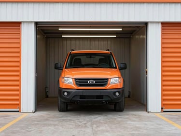Wide shot of a vehicle parked directly in front of a storage unit entrance, clean industrial photography, bright even overhead lighting, sharp focus, 24mm