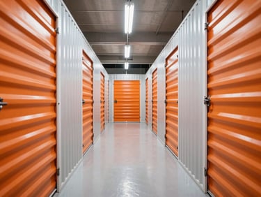 Symmetrical wide shot of a clean, well-lit storage unit corridor, bright even overhead industrial lighting, no dark corners, sharp focus, 24mm