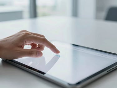 Tight macro shot of professional hands interacting with a clean dashboard interface on a tablet, bright natural office daylight, cool slate tones.