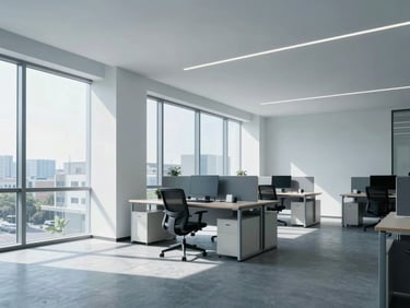 Wide architectural shot of a bright modern minimalist workspace with cool blue and slate tones, natural office daylight streaming through large windows, sharp focus, 35mm lens