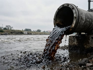 Gritty, desaturated close-up of dark industrial wastewater pouring from a concrete pipe into a muddy river, overcast sky, high contrast.