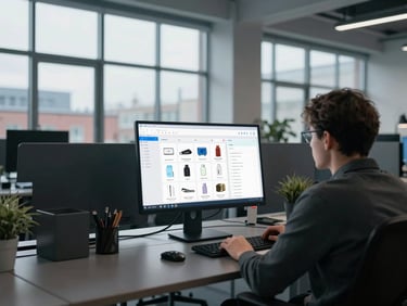 Wide environmental shot of an open-plan Manchester office, a single figure studying a large monitor displaying an e-commerce order management dashboard with product grids and fulfilment metrics, cool north-facing daylight through steel-framed windows, dark grey desks and minimal decor
