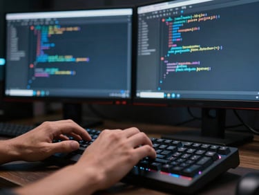 Extreme close-up of a developer's hands on a mechanical keyboard in a dark studio, a code editor visible on dual monitors showing clean structured code in cool blue and white syntax highlighting, stark LED strip light along the top of the monitor