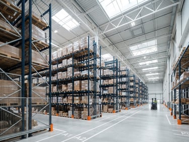 Wide-angle architectural view of a clean, modern warehouse racking system, cool blue and steel tones, daylight streaming through skylights, crisp depth of field.