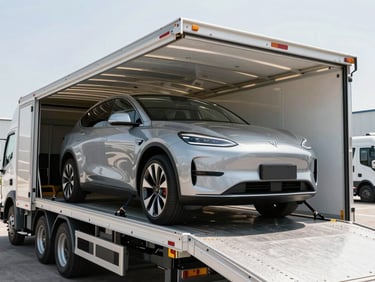 High-end vehicle being carefully loaded onto an enclosed trailer, professional studio lighting, medium close-up of secure tie-downs