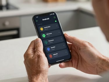 Close-up of middle-aged hands holding an Android phone displaying a health tracking dashboard with clear typography, seated at a kitchen table, soft daylight from the side
