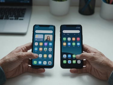 Wide shot of a workspace: two Android phones side by side on a clean desk under cool natural daylight, one held by an elderly hand, one by a child's hand, app UI clearly legible on both screens, minimal background
