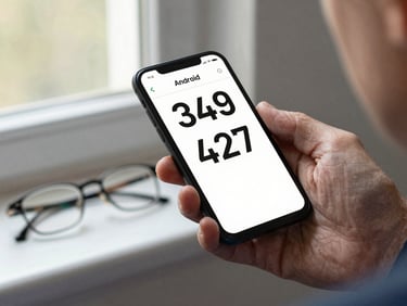 An older adult's hand, reading glasses resting nearby, holding an Android phone displaying a health monitoring app with high-contrast large-type readings, natural window light, neutral background