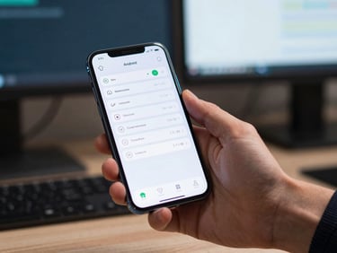 Close-up of a professional's hand holding an Android phone at a desk, a productivity app open showing a clean dashboard with readable data tables, cool studio light, blurred monitor in background