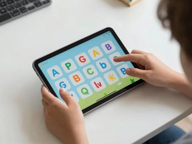 Overhead shot on a clean white desk — a child's hands, small fingers, navigating a bright educational Android app showing illustrated letters, natural daylight from the left