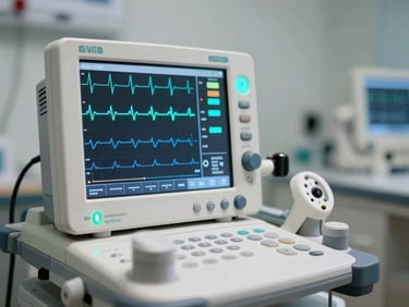 Close-up of a modern digital electrocardiogram monitor in a clean, cool-toned clinical environment, sharp cyan status light blinking, professional medical workspace.