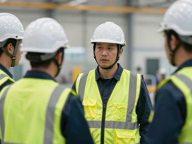 Industrial safety officer in clean high-vis vest and protective helmet conducting a structured safety training session in a modern facility.