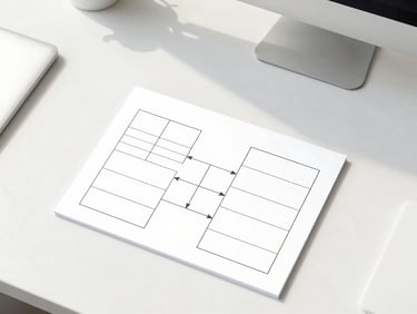Minimalist desk layout with structured paper workflow diagram, clean overhead shot, bright corporate daylight, soft shadows